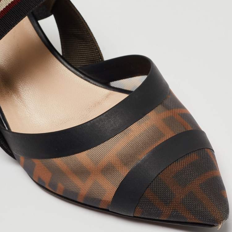 Pre Owned Fendi Brown/Black Zucca Mesh and Leather Colibri Slingback Pumps Size 37