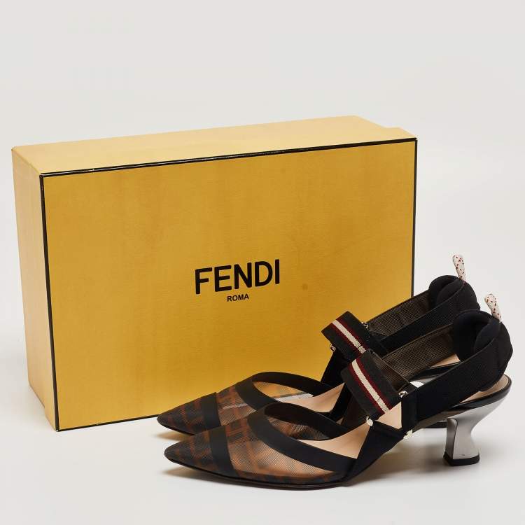 Pre Owned Fendi Brown/Black Zucca Mesh and Leather Colibri Slingback Pumps Size 37