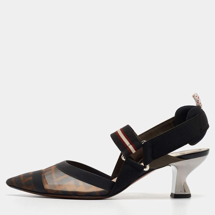 Pre Owned Fendi Brown/Black Zucca Mesh and Leather Colibri Slingback Pumps Size 37