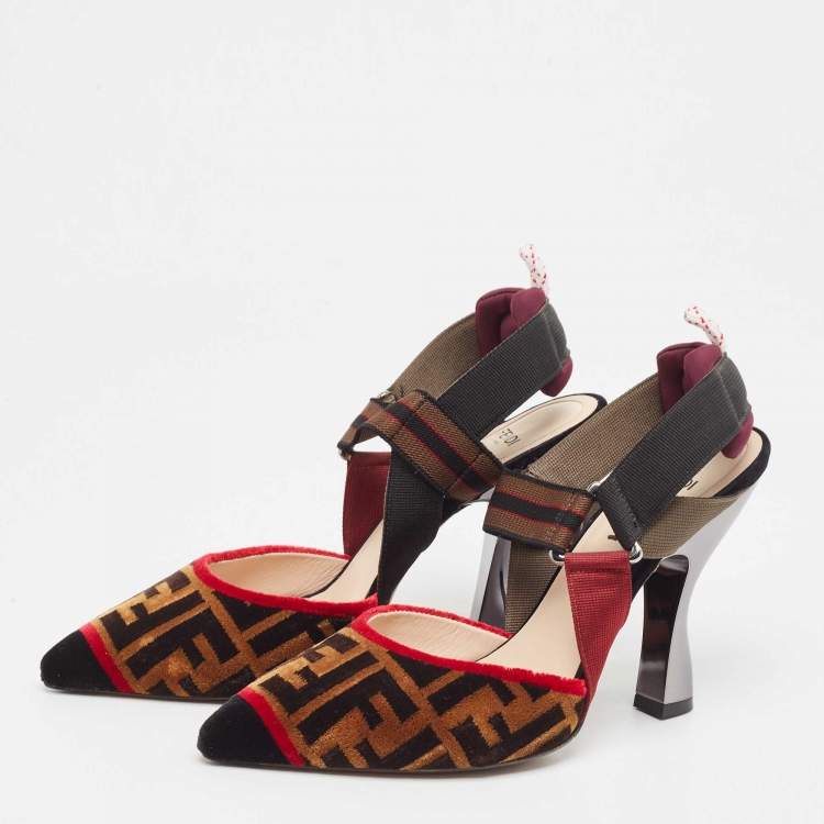 مملوكة مسبقًا Fendi Multicolor Zucca Velvet Colibri Forever Logo Slingback Pumps Size 38