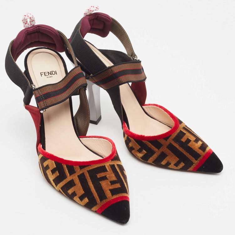 مملوكة مسبقًا Fendi Multicolor Zucca Velvet Colibri Forever Logo Slingback Pumps Size 38
