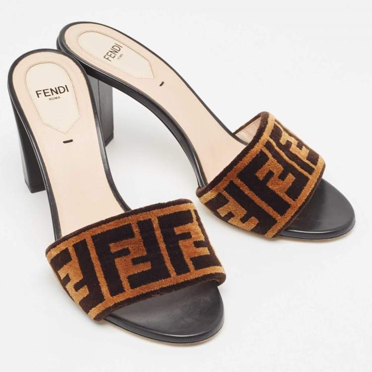 Pre Owned Fendi Brown/Black Velvet Logo  Slide Sandals Size 38