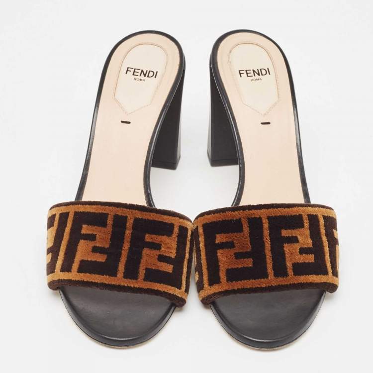 Pre Owned Fendi Brown/Black Velvet Logo  Slide Sandals Size 38