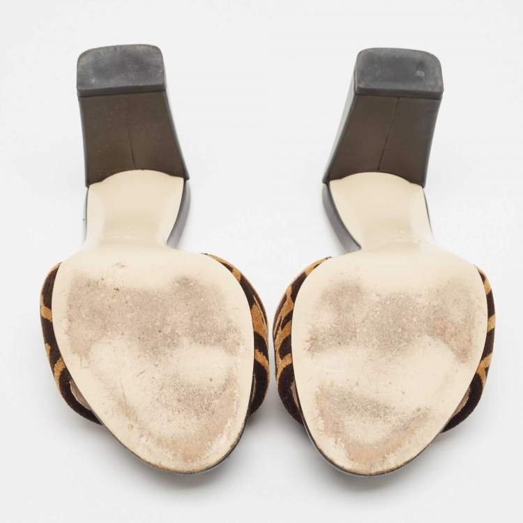 Pre Owned Fendi Brown/Black Velvet Logo  Slide Sandals Size 38