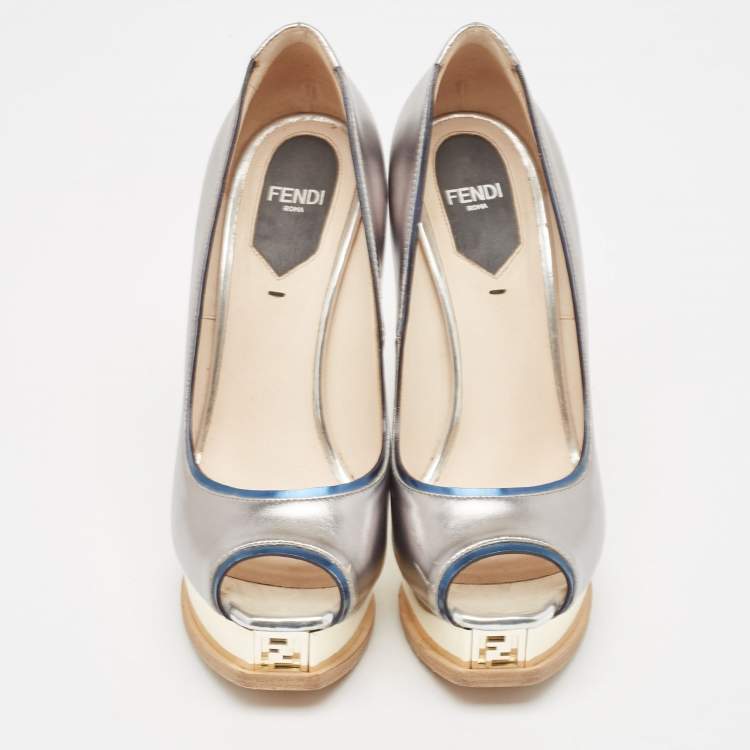 Pre Owned Fendi Metallic Leather Fendista Peep Toe Pumps Size 37.5