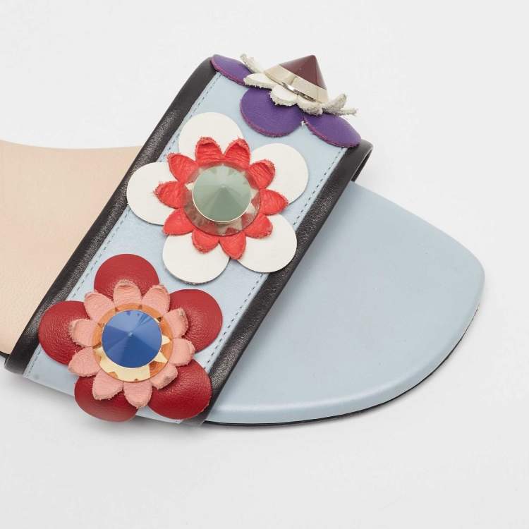 Pre Owned Fendi Multicolor Leather Flowerland Flat Slides Size 37 
