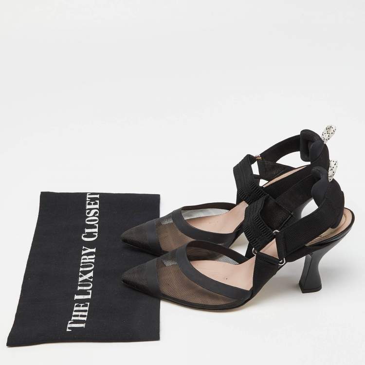 Pre Owned Fendi Black Zucca Mesh and Canvas Colibri Slingback Pumps Size 38