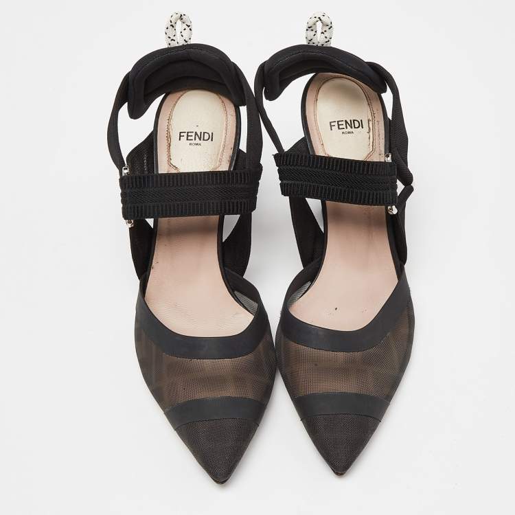 Pre Owned Fendi Black Zucca Mesh and Canvas Colibri Slingback Pumps Size 38
