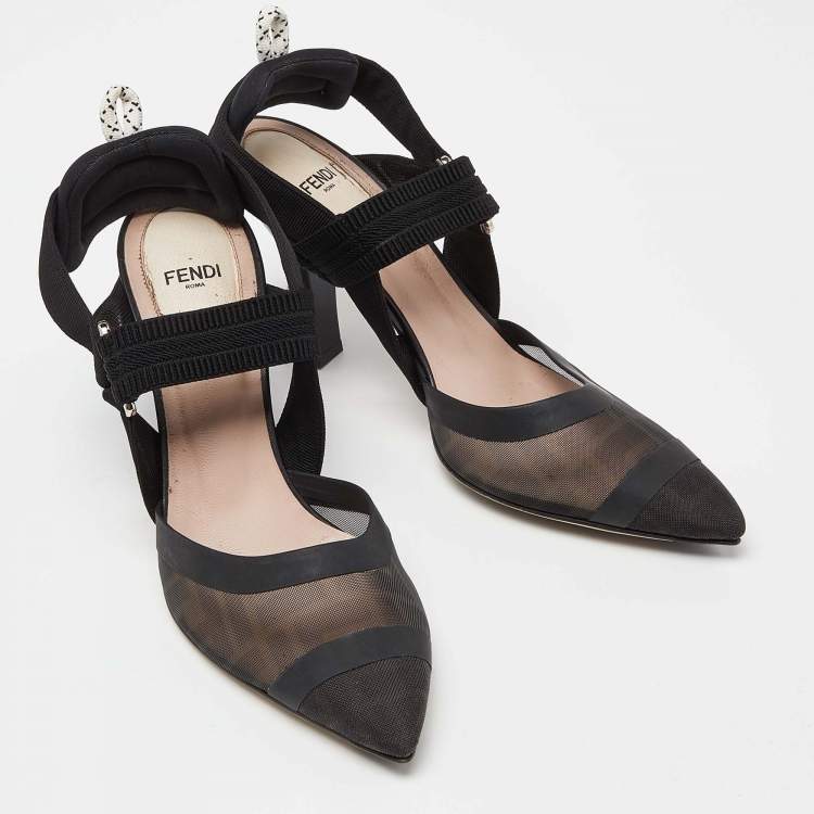 Pre Owned Fendi Black Zucca Mesh and Canvas Colibri Slingback Pumps Size 38