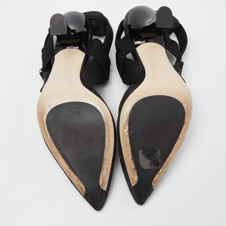 Pre Owned Fendi Black Zucca Mesh and Canvas Colibri Slingback Pumps Size 38