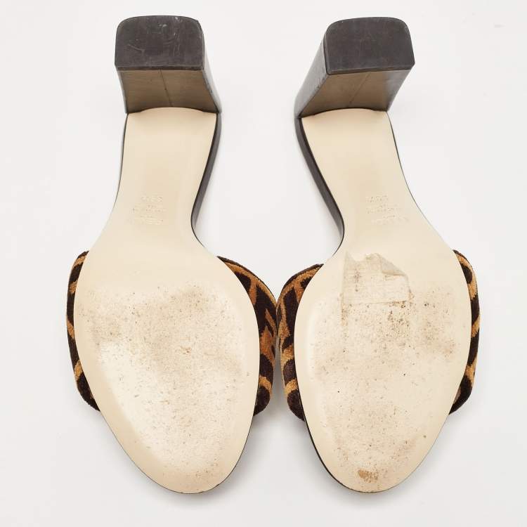 Pre Owned Fendi Brown/Beige Zucca Velvet Slide Sandals Size 39.5