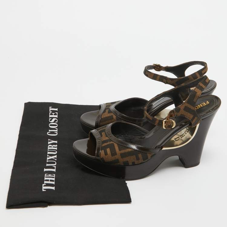 Pre Owned Fendi Brown Zucca Canvas Wedge Platform Ankle Strap Sandals Size 39.5