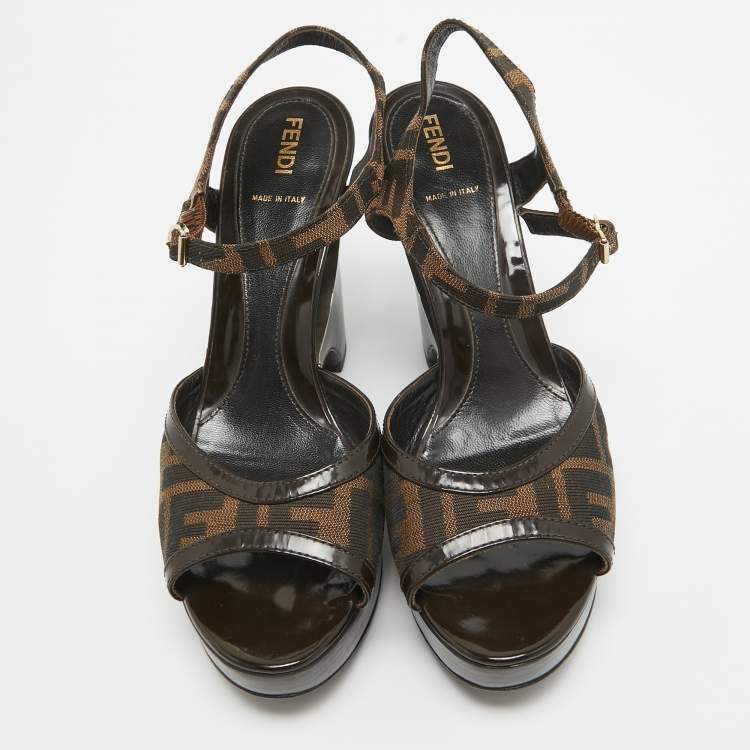 Pre Owned Fendi Brown Zucca Canvas Wedge Platform Ankle Strap Sandals Size 39.5