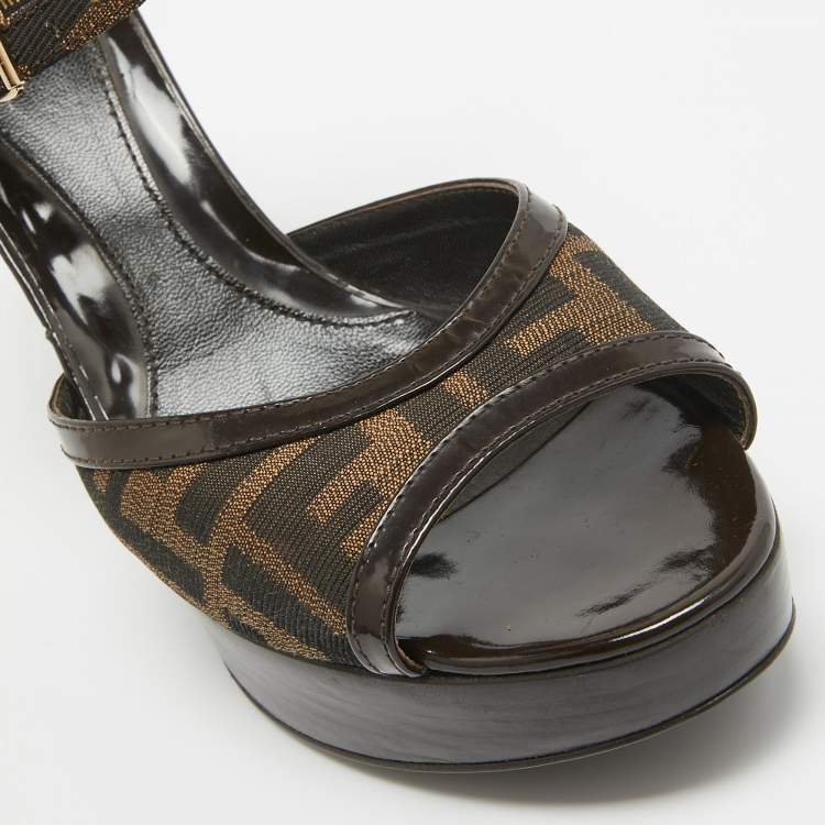 Pre Owned Fendi Brown Zucca Canvas Wedge Platform Ankle Strap Sandals Size 39.5