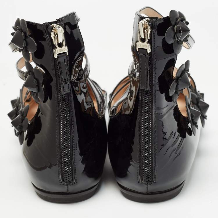 Pre Owned Fendi Black Patent Flowerland  Ballet Flats Size 39.5  