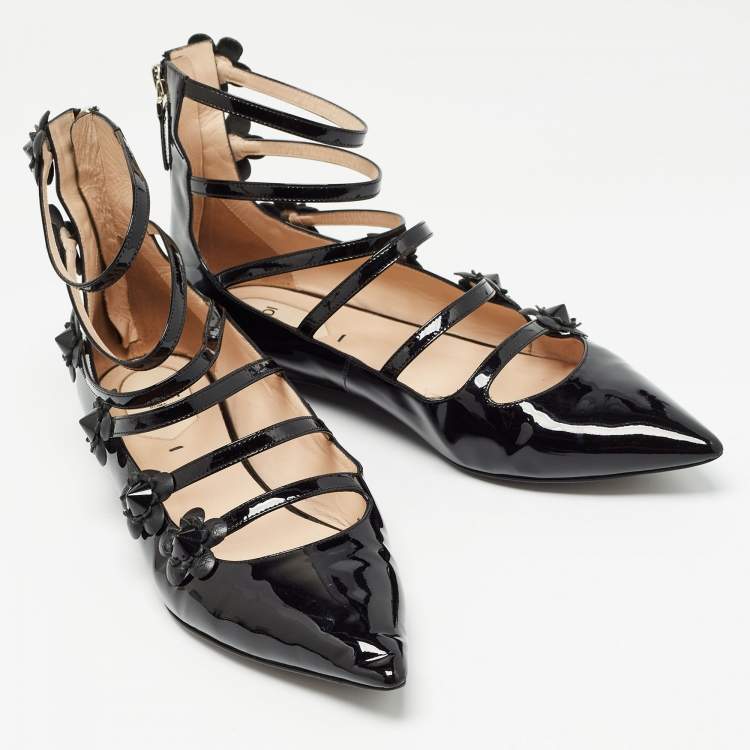 Pre Owned Fendi Black Patent Flowerland  Ballet Flats Size 39.5  