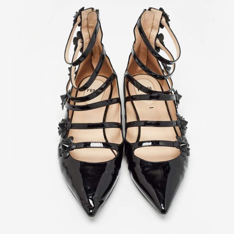 Pre Owned Fendi Black Patent Flowerland  Ballet Flats Size 39.5  