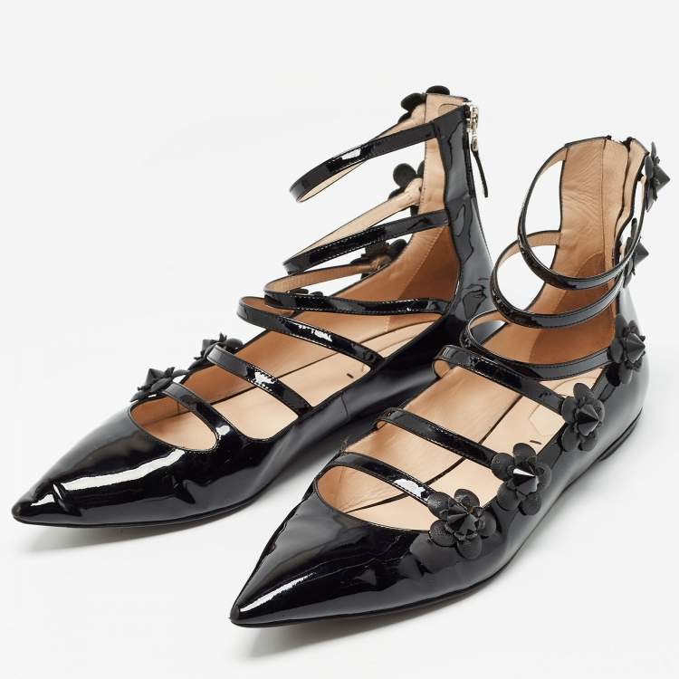Pre Owned Fendi Black Patent Flowerland  Ballet Flats Size 39.5  
