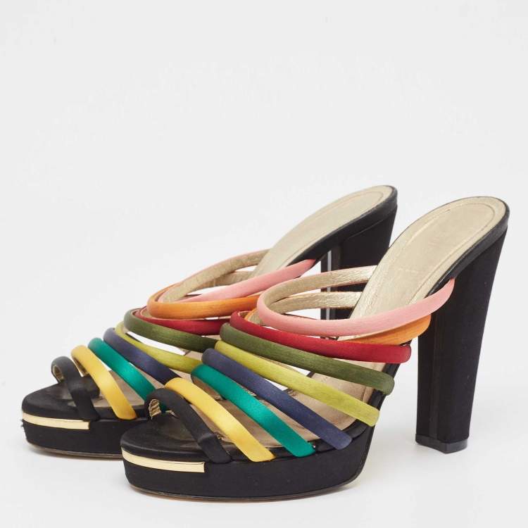Pre Owned Fendi Multicolor Satin Strappy Platform Slide Sandals Size 40