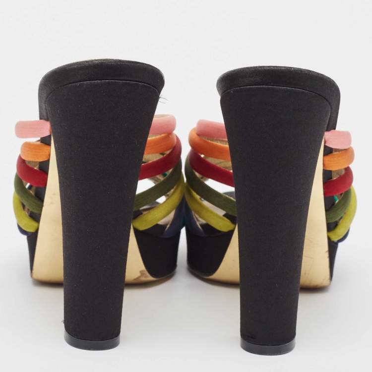 Pre Owned Fendi Multicolor Satin Strappy Platform Slide Sandals Size 40