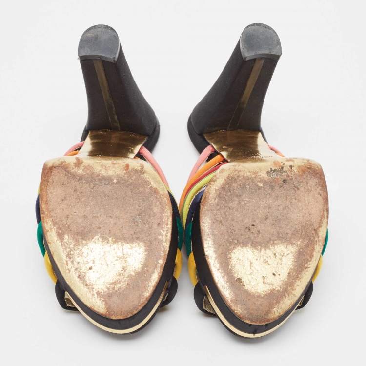Pre Owned Fendi Multicolor Satin Strappy Platform Slide Sandals Size 40