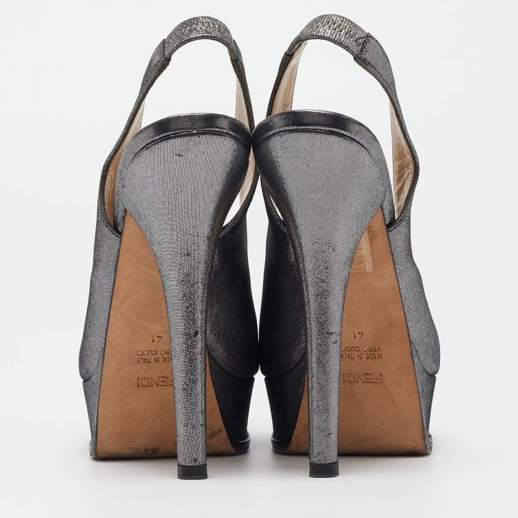Pre Owned Fendi Metallic Glitter Fabric Bow Fendista Slingback Pumps Size 41