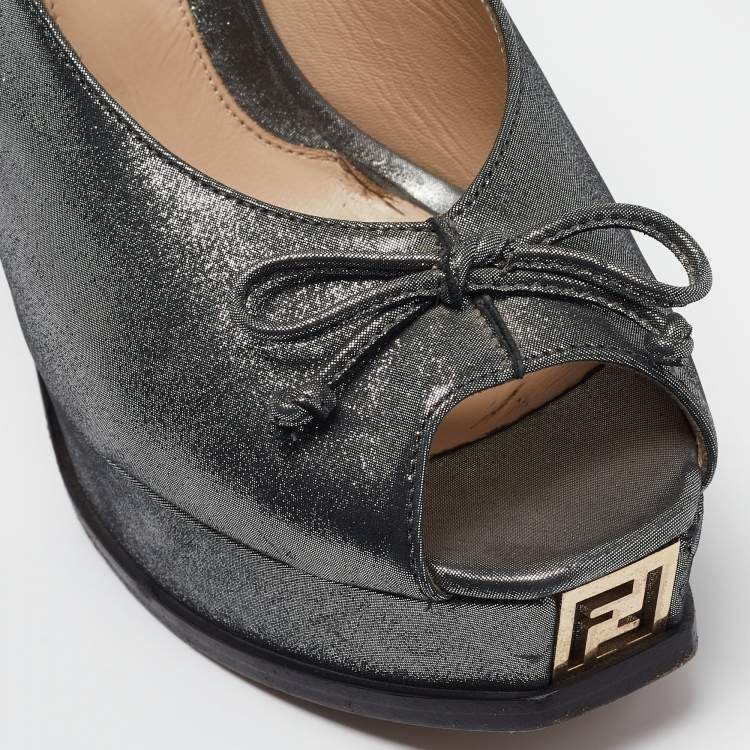 Pre Owned Fendi Metallic Glitter Fabric Bow Fendista Slingback Pumps Size 41