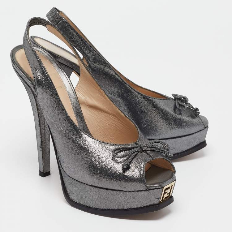Pre Owned Fendi Metallic Glitter Fabric Bow Fendista Slingback Pumps Size 41