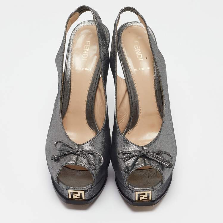 Pre Owned Fendi Metallic Glitter Fabric Bow Fendista Slingback Pumps Size 41