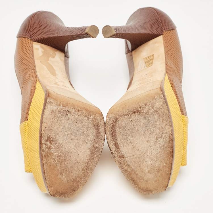 Pre Owned Fendi Brown/Yellow Lizard Embossed Leather Fendista Peep Toe Pumps Size 40
