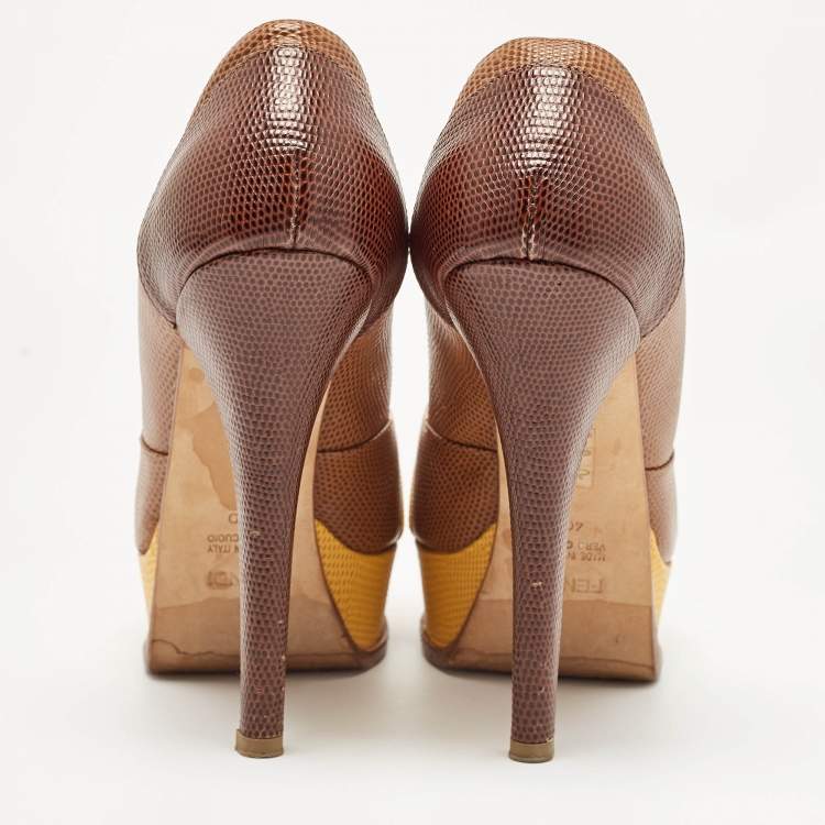 Pre Owned Fendi Brown/Yellow Lizard Embossed Leather Fendista Peep Toe Pumps Size 40