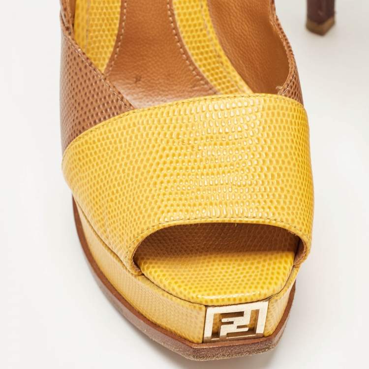 Pre Owned Fendi Brown/Yellow Lizard Embossed Leather Fendista Peep Toe Pumps Size 40