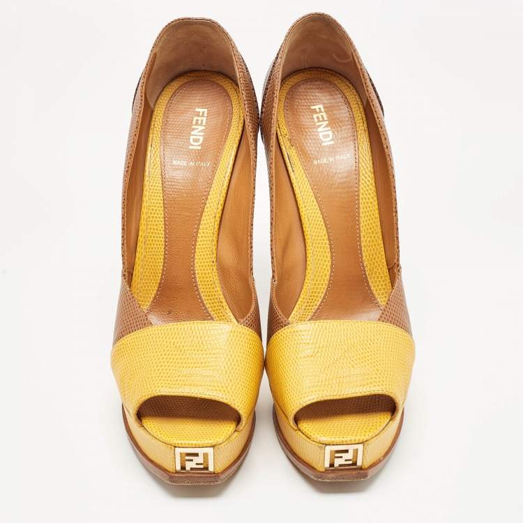 Pre Owned Fendi Brown/Yellow Lizard Embossed Leather Fendista Peep Toe Pumps Size 40