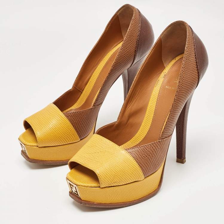 Pre Owned Fendi Brown/Yellow Lizard Embossed Leather Fendista Peep Toe Pumps Size 40