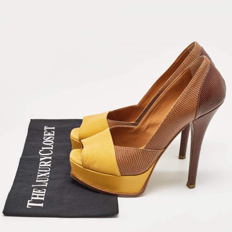 Pre Owned Fendi Brown/Yellow Lizard Embossed Leather Fendista Peep Toe Pumps Size 40