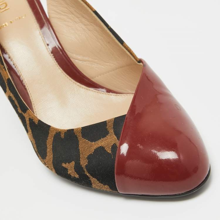 Pre Owned Fendi Red/Brown Patent and Canvas Slingback Pumps Size 38 