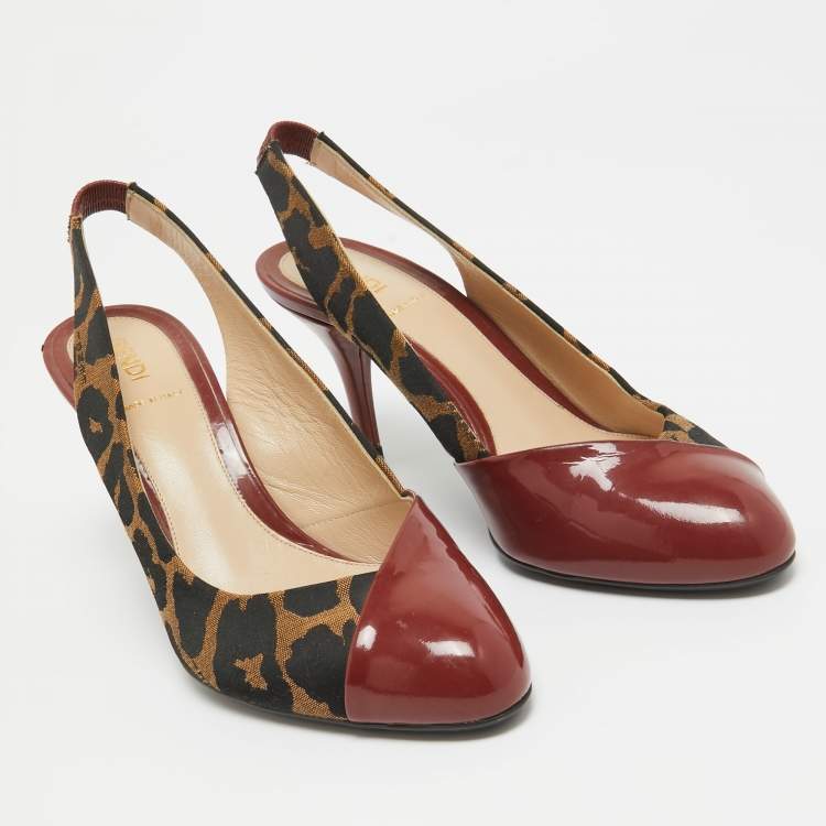 Pre Owned Fendi Red/Brown Patent and Canvas Slingback Pumps Size 38 