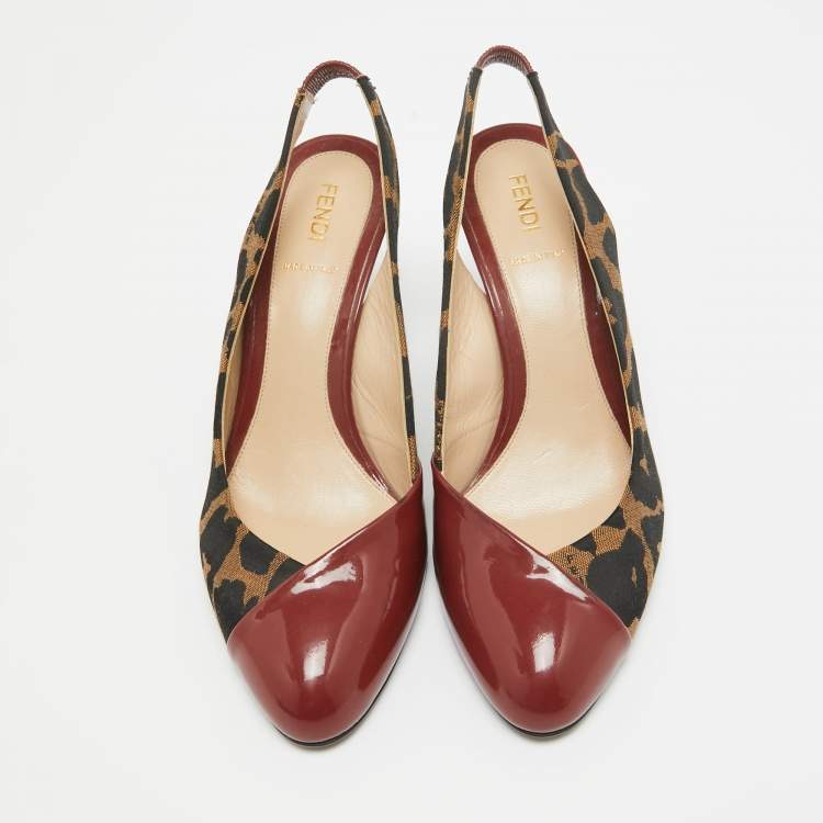 Pre Owned Fendi Red/Brown Patent and Canvas Slingback Pumps Size 38 