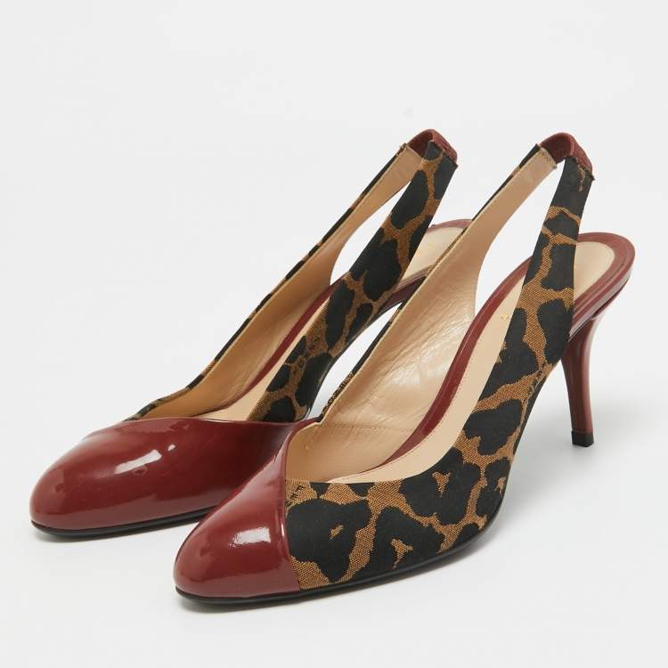 Pre Owned Fendi Red/Brown Patent and Canvas Slingback Pumps Size 38 