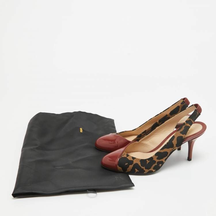 Pre Owned Fendi Red/Brown Patent and Canvas Slingback Pumps Size 38 