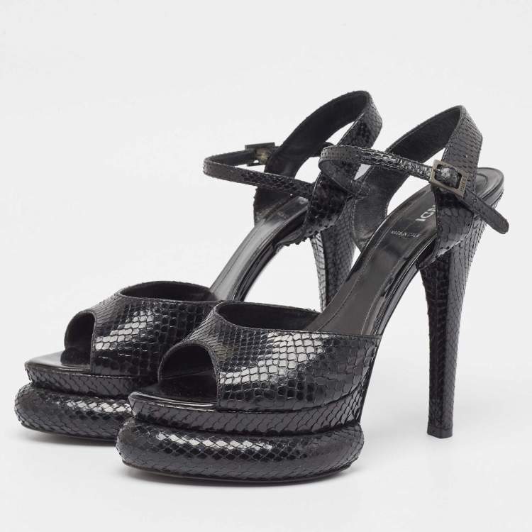 Pre Owned Fendi Black Python Bubble Platform Ankle Strap Sandals Size 38.5