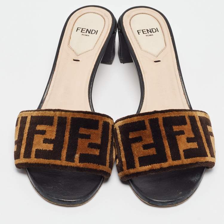 Pre Owned Fendi Brown/Black FF Velvet and Leather Slide Sandals Size 36.5