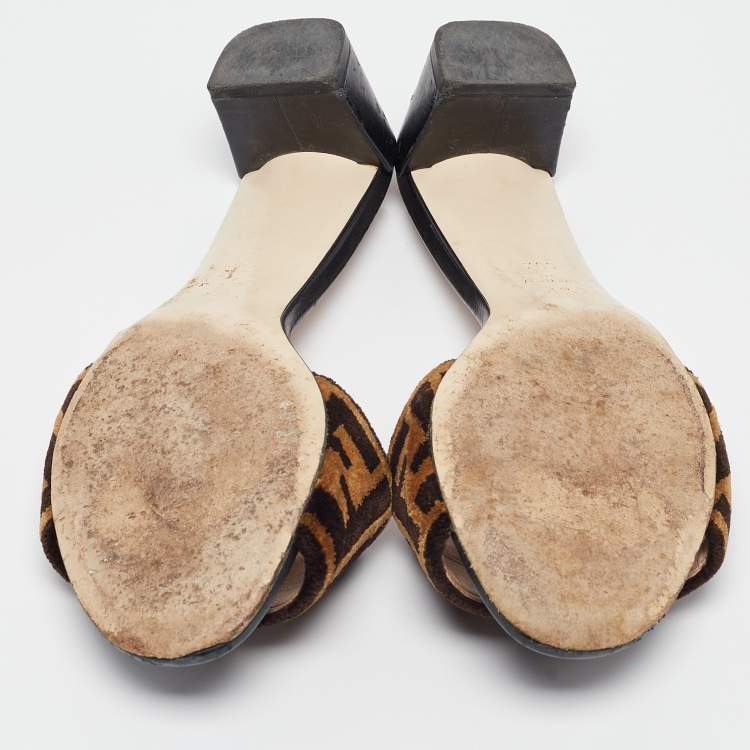 Pre Owned Fendi Brown/Black FF Velvet and Leather Slide Sandals Size 36.5