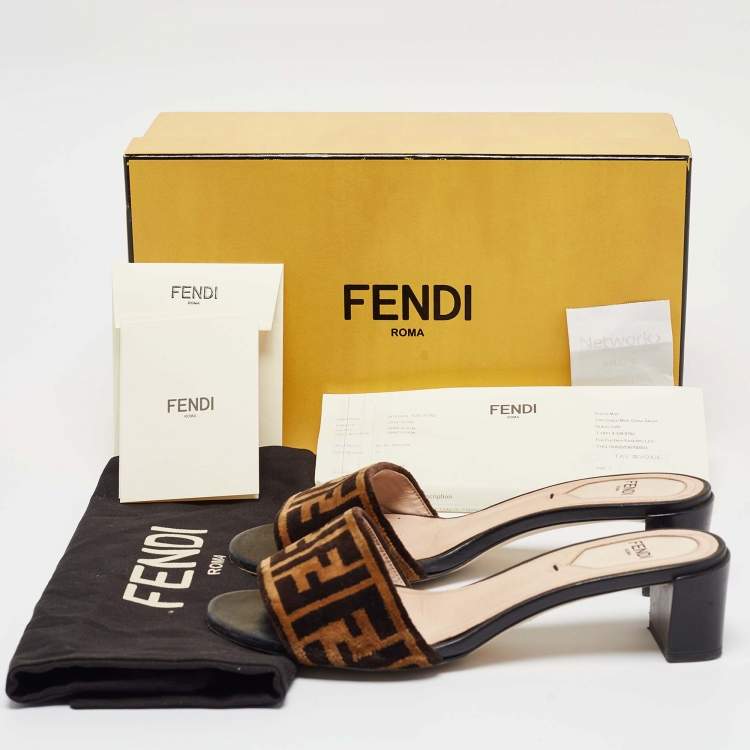 Pre Owned Fendi Brown/Black FF Velvet and Leather Slide Sandals Size 36.5