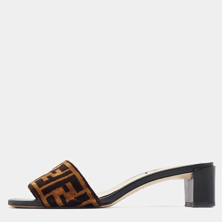 Pre Owned Fendi Brown/Black FF Velvet and Leather Slide Sandals Size 36.5