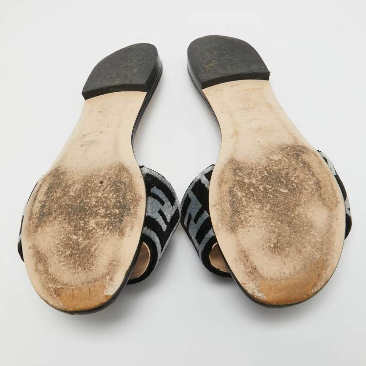 Pre Owned Fendi Blue/Black Zucca Velvet Flat Slides Size 37.5