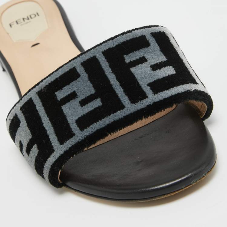 Pre Owned Fendi Blue/Black Zucca Velvet Flat Slides Size 37.5
