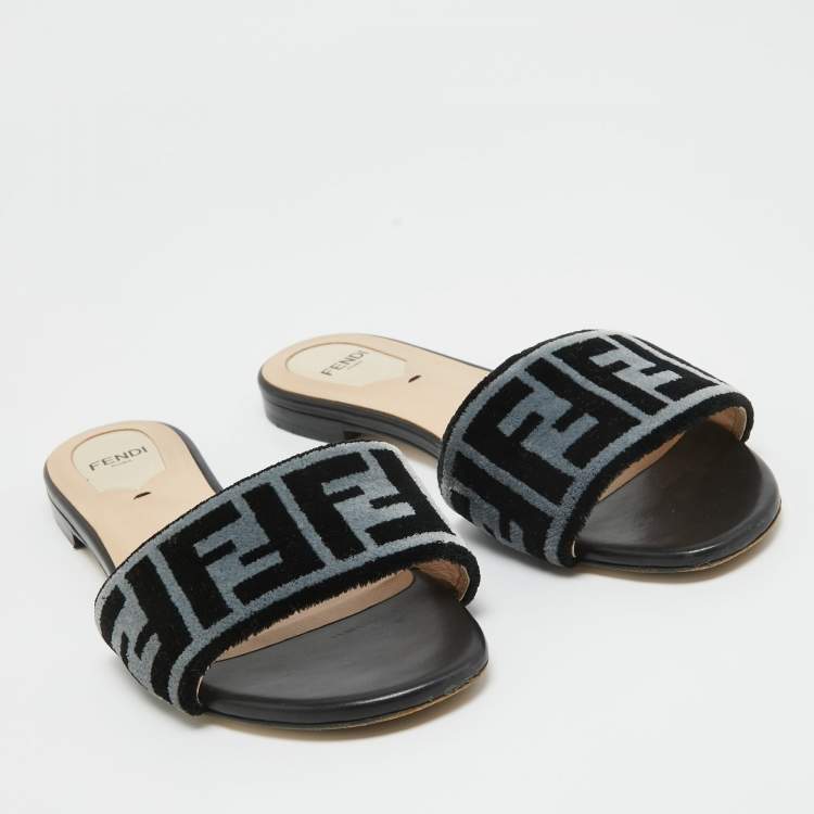Pre Owned Fendi Blue/Black Zucca Velvet Flat Slides Size 37.5