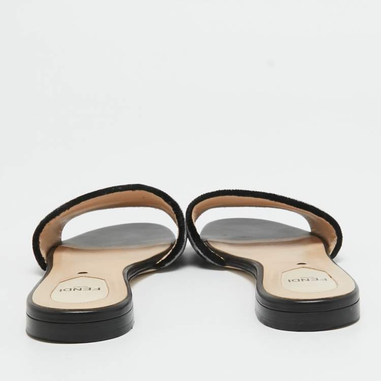 Pre Owned Fendi Blue/Black Zucca Velvet Flat Slides Size 37.5