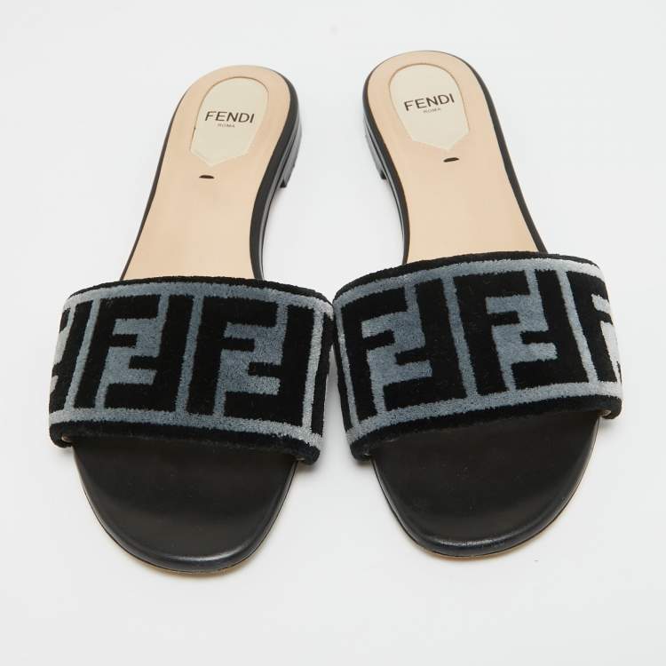 Pre Owned Fendi Blue/Black Zucca Velvet Flat Slides Size 37.5